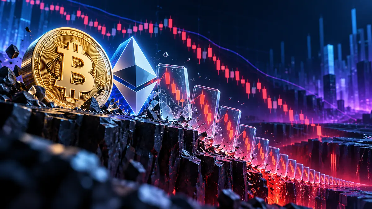 Bitcoin、Ethereum、下跌K线与连环杠杆清算主题封面