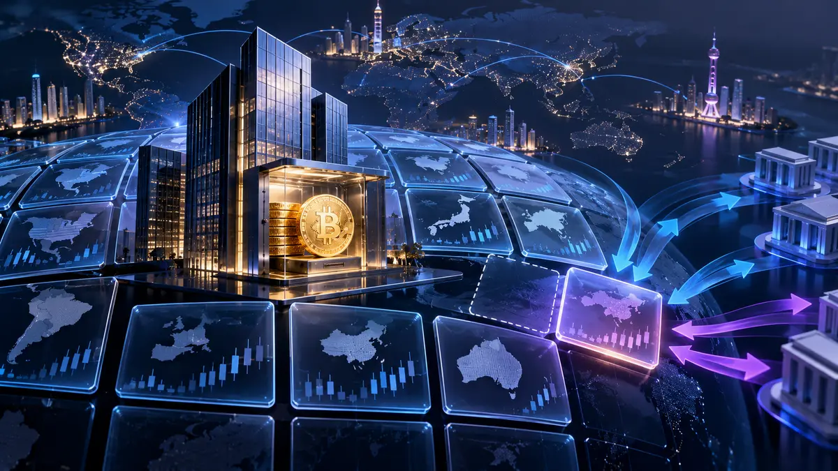全球股票指数、公司大楼与Bitcoin财库资产审查主题封面